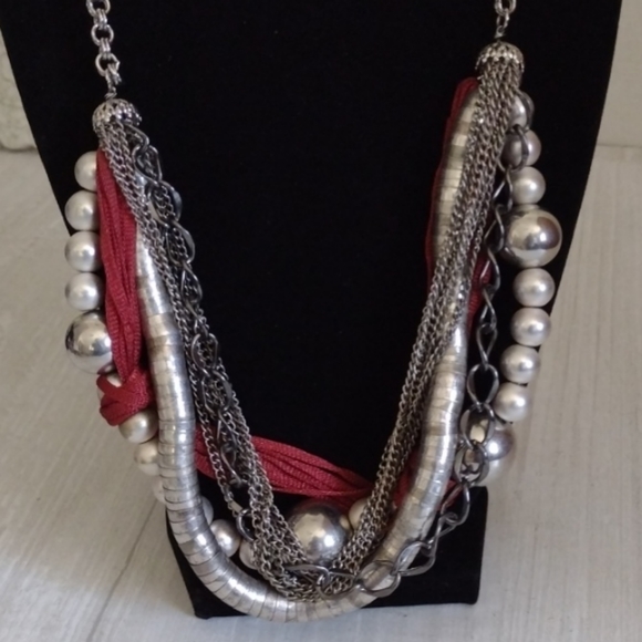 Multimedia & Very Silver-Like Beaded Multi-Chain Statement Wearable Art Necklace - Picture 2 of 12
